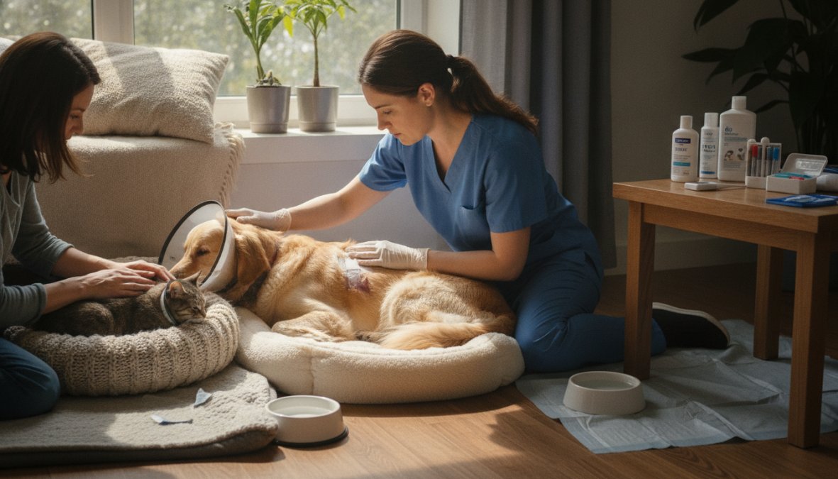 Professional illustration showing veterinarian and pet and owner concepts for how to prepare diabetic pets for surgery