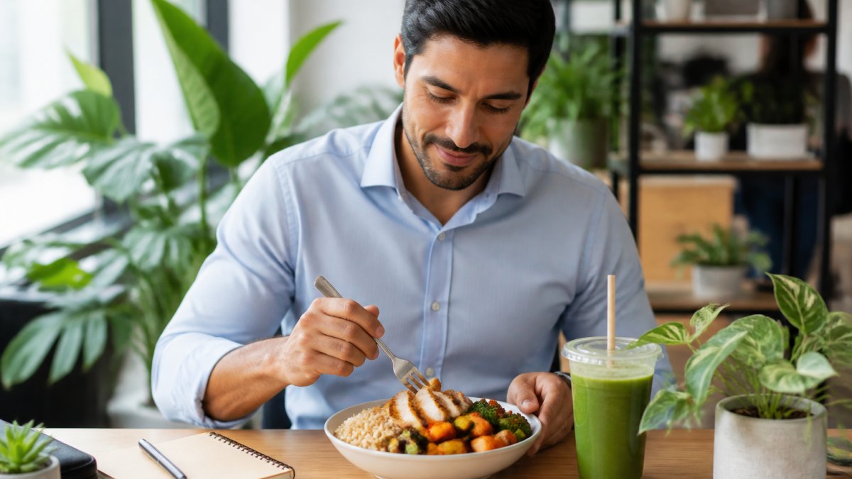 Professional eating a balanced lunch of chicken, rice, and veggies at a desk to learn how to prepare dietary changes for