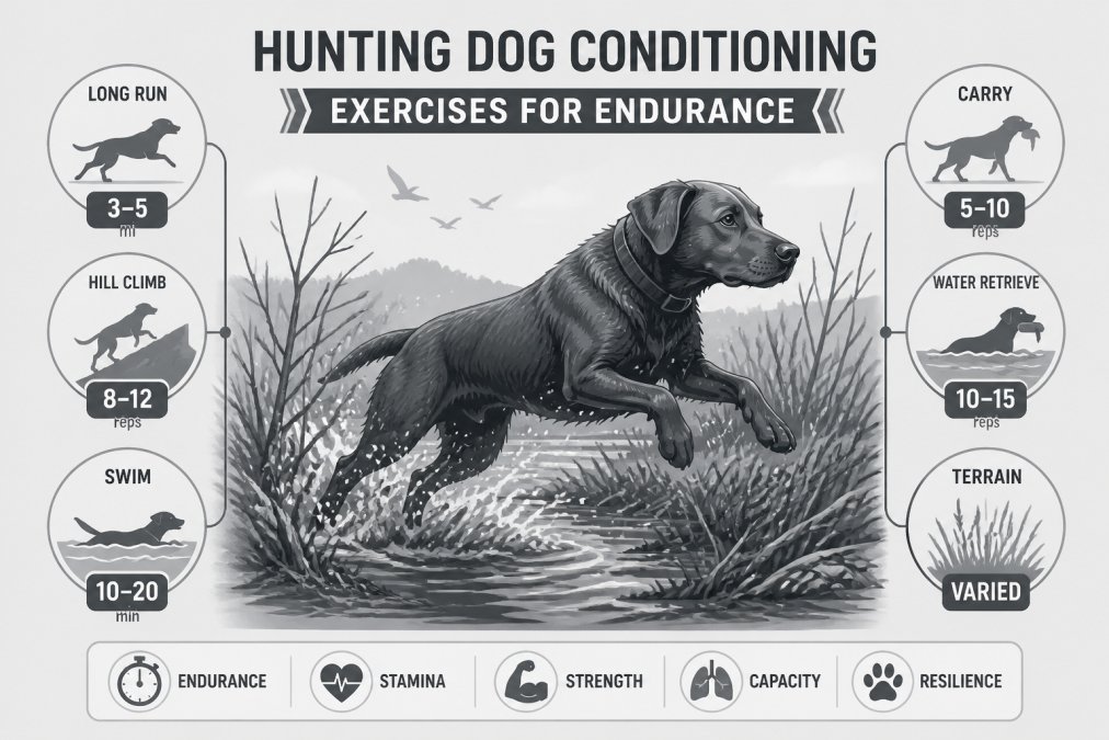Hunting dog running through brush and water during field work, showing athletic movement and engagement with natural daylight