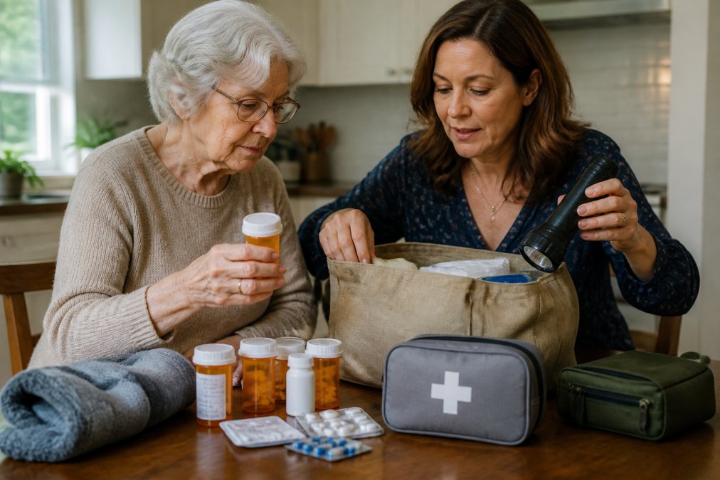 An elderly woman and daughter organizing supplies to prepare elderly family members for emergencies.