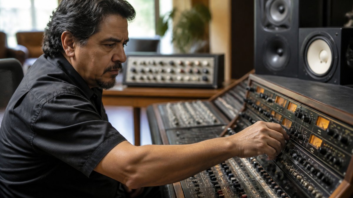 Professional music producer working at a mixing console in a studio, reviewing meters and adjusting levels on outboard gear with focused concentration