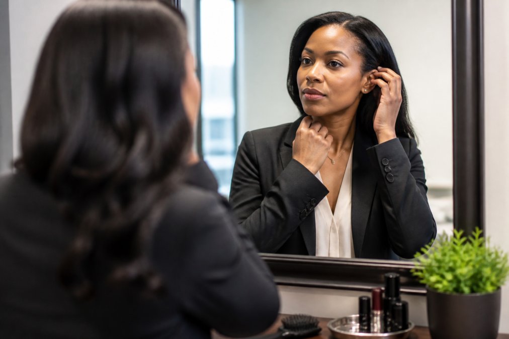 Professional woman reviewing her appearance in a mirror before a corporate headshot session, adjusting her hair and makeup in natural office lighting