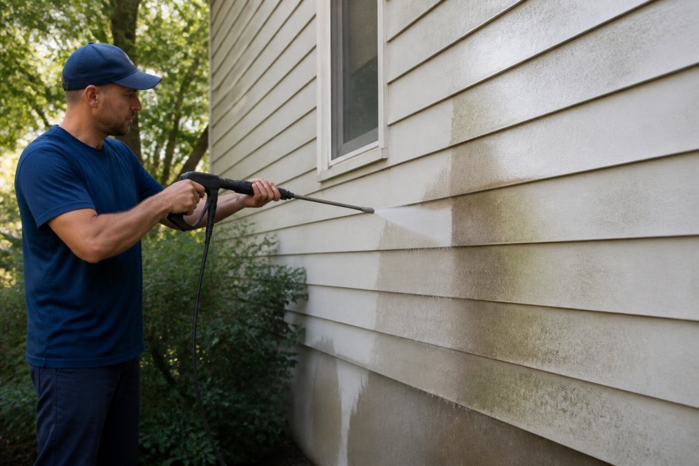 Professional contractor operating pressure washer on exterior wood siding, water spray removing dirt and mildew buildup, natural daylight illuminating the work area