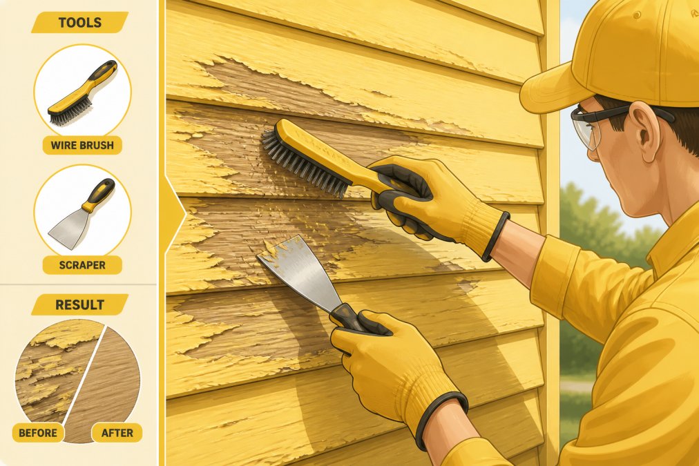 Worker using wire brush and scraper to remove peeling stain from wood siding surface, showing detailed preparation work with natural outdoor lighting