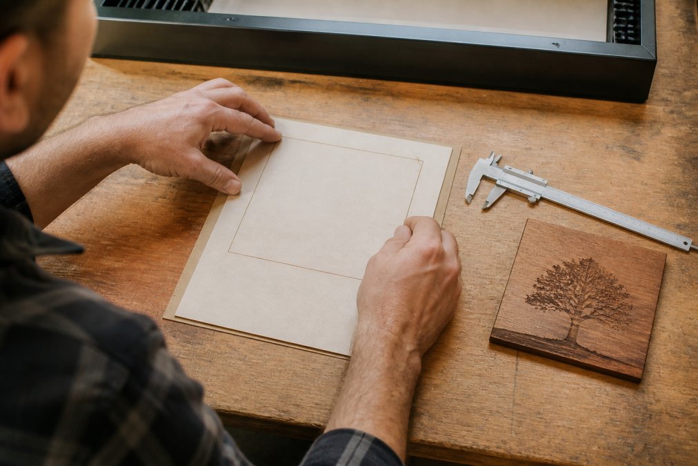 Overhead shot of a maker's hands adjusting a vector artboard on a laptop next to a caliper and a small laser-engraved wooden plaque on a workbench