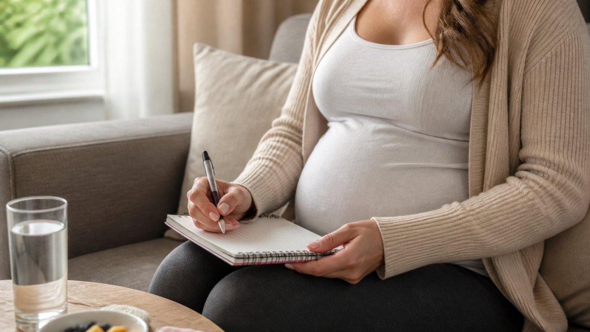 Pregnant woman in comfortable clothing sitting in a calm, welcoming room with a checklist or notepad in her lap, looking relaxed and prepared