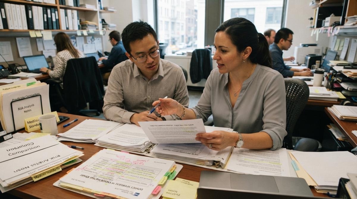 Regulatory affairs manager reviewing device specifications for 510(k) submission preparation at a desk.