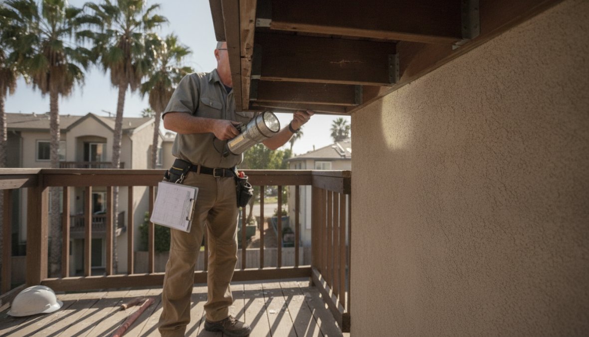 A licensed inspector wearing a safety vest and hard hat examining the underside of a residential balcony with a flashlight, checking structural connections and flashing details on a multi-family apartment building in California, afternoon sunlight