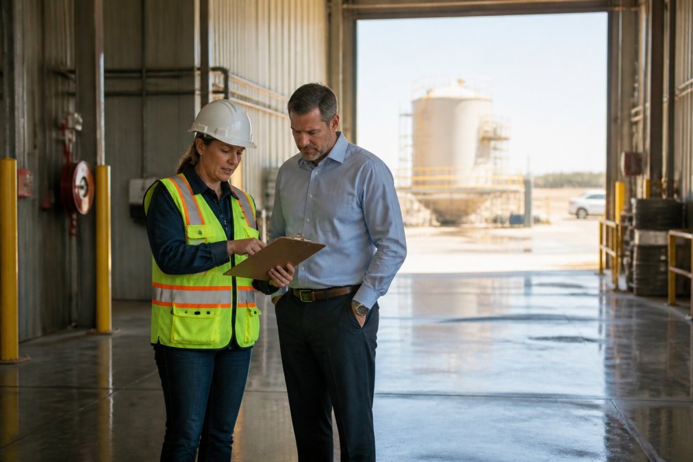 A safety manager in a hard hat and safety vest standing at a manufacturing facility entrance, reviewing a clipboard with a state compliance officer in business casual attire, morning light through an open loading bay door