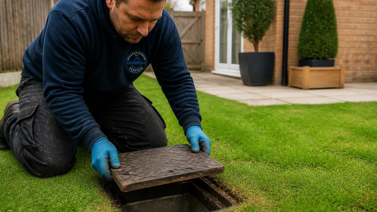 Professional drainage engineer locating and opening a metal drain access cover in a residential garden, carefully lifting the cover to expose the inspection chamber below