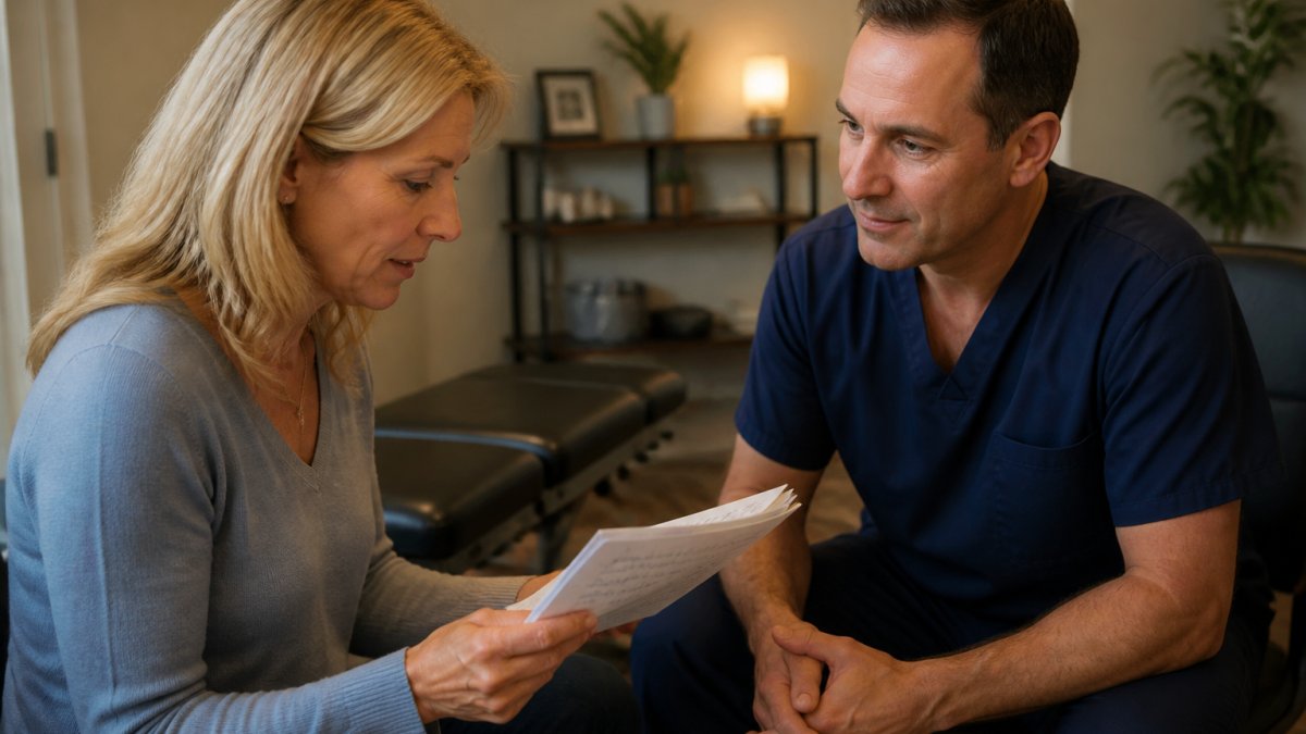 Patient writing a detailed symptom summary before a chronic pain consultation with their doctor
