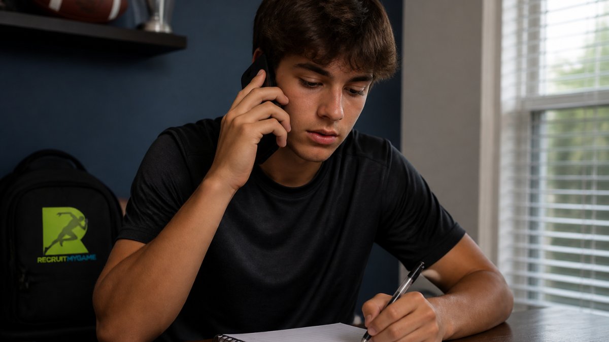 High school student-athlete taking a professional college coach phone call at a desk with a notebook