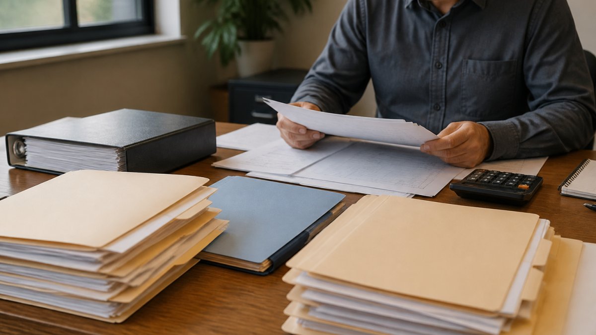 Business owner organizing financial documents, payroll records, and insurance policy files at a desk with multiple folders and a calculator
