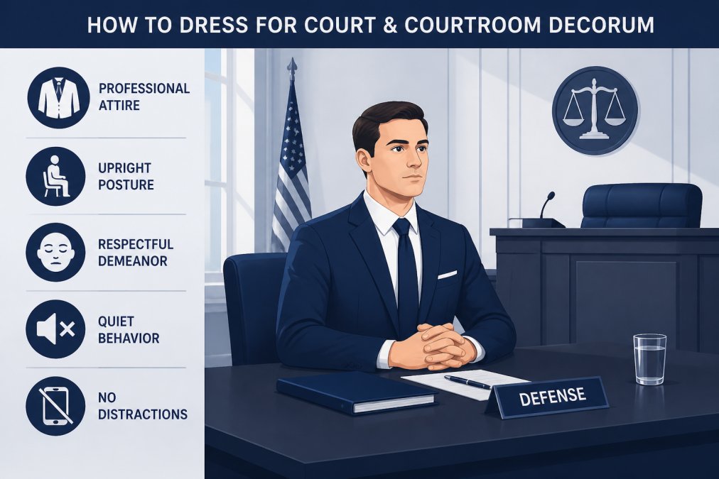 Defendant in professional navy suit and tie sitting at defense table in modern courtroom with natural lighting, showing composed posture and respectful demeanor