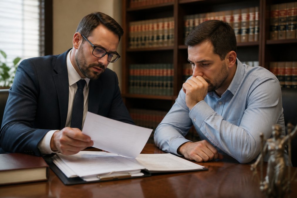 Defendant meeting with defense attorney in law office, reviewing case documents together with focused concentration and professional consultation setup