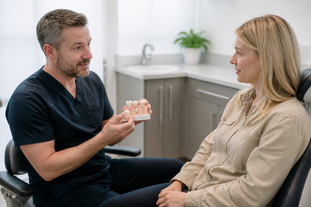 A dentist in a calm, modern treatment room explaining a dental bridge model to a seated adult patient, with natural light and a reassuring atmosphere