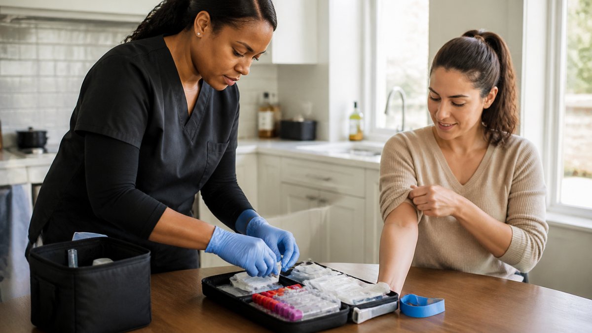 A licensed mobile phlebotomist in gloves setting up a blood draw kit on a clean kitchen table in a bright home, with a seated patient rolling up a sleeve nearby