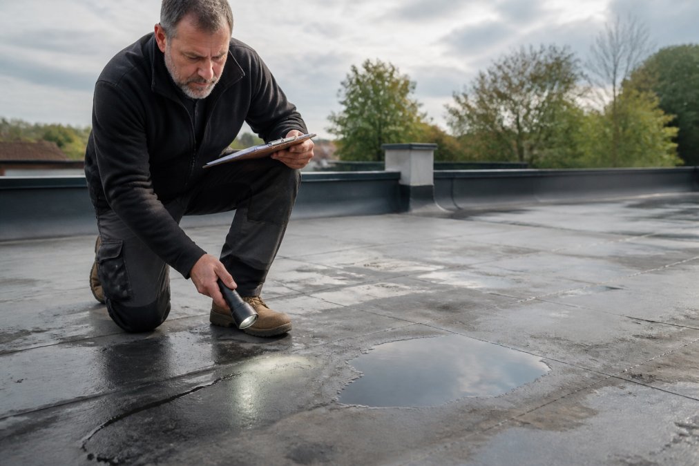 Professional surveyor examining flat roof surface with torch, checking for cracks, pooling water, and membrane damage while holding clipboard