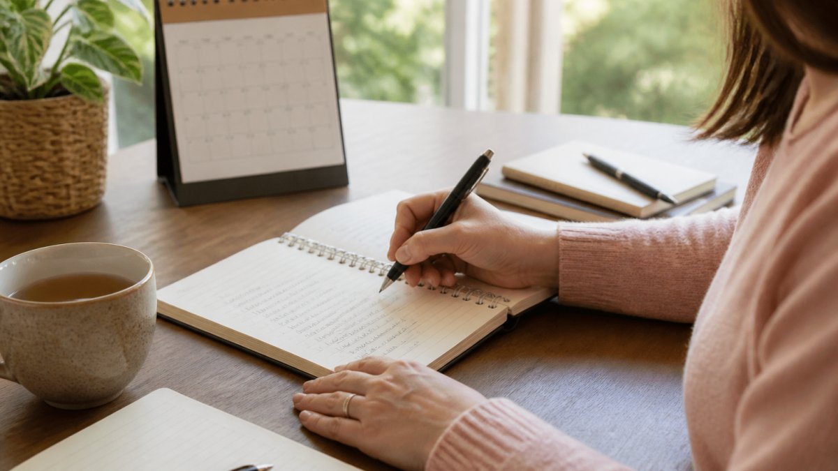 Person writing in a health journal at a desk with a cup of tea, calendar, and notebook visible, capturing the act of tracking symptoms