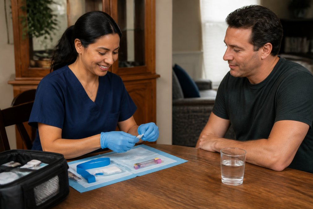 A calm home setting with a smiling mobile phlebotomist in scrubs seated at a dining table, gently preparing a blood collection kit while an adult patient in a short-sleeved shirt sits comfortably nearby with a glass of water on the table