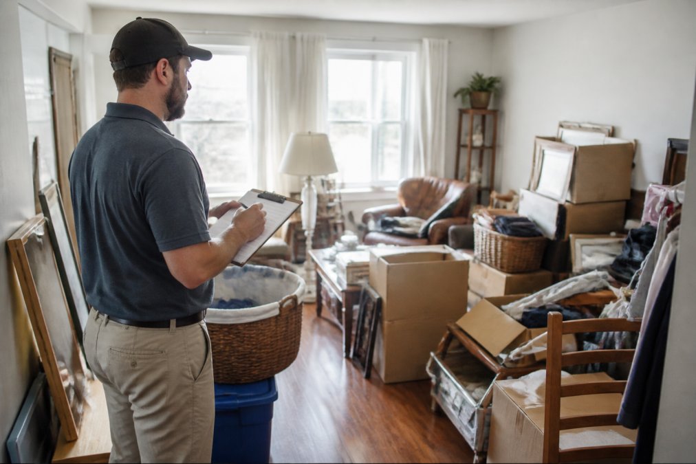 A person standing in a cluttered living room, holding a clipboard and looking at piles of boxes and old furniture, natural daylight coming through the windows