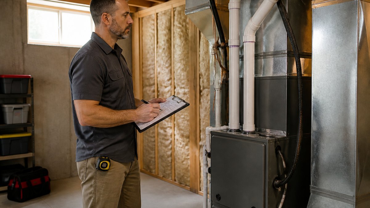 Homeowner with clipboard standing in organized basement next to HVAC equipment and insulation, natural light from small window, preparing for professional assessment