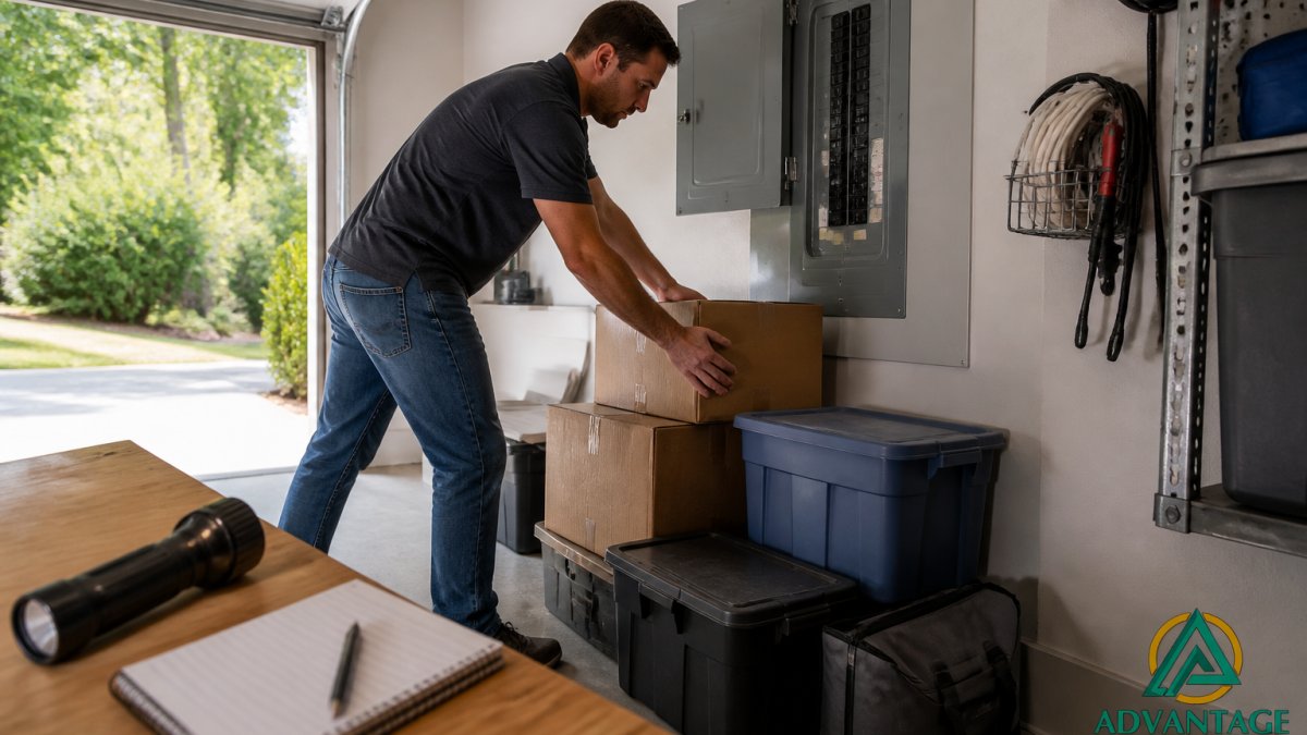 A homeowner in casual clothes clearing cardboard boxes and storage bins away from an electrical panel in a clean garage, flashlight and notepad on a nearby workbench, daylight through an open garage door