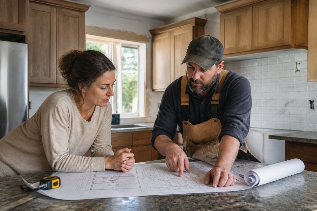 Professional contractor in work attire reviewing detailed blueprints and renovation specifications with a homeowner in a residential kitchen, discussing project details and scope of work