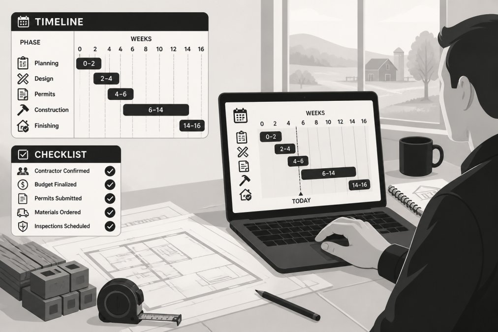 Project manager or homeowner reviewing a detailed renovation timeline and project checklist on a laptop, with construction materials and blueprints visible on the table, natural light from a window