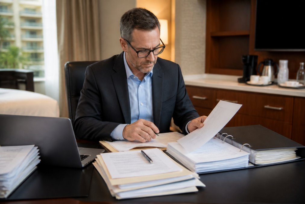 Hotel manager reviewing comprehensive security documentation and compliance records at desk with laptop and printed audit checklist in organized file system