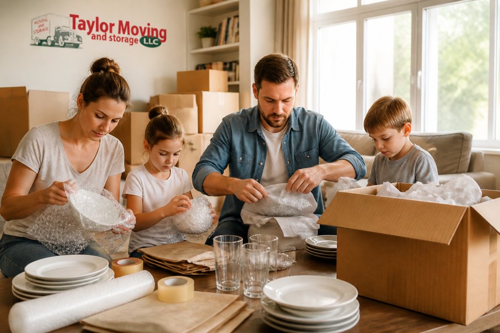 Family wrapping fragile glassware in bubble wrap as they learn how to prepare for a local move in 2026.