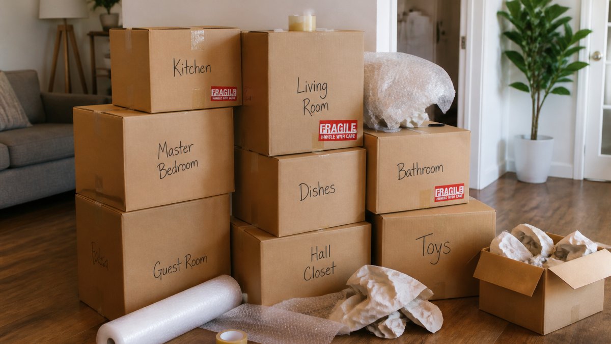 Infographic showing how to prepare for a long distance move by labeling boxes with room names and fragile stickers.