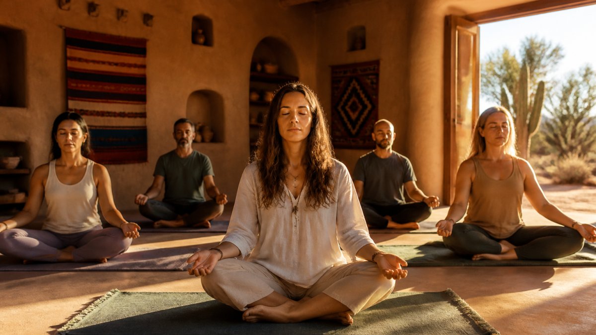 A small group of adults sitting cross-legged on yoga mats in a sunlit desert studio, eyes closed during a guided meditation, with warm adobe walls and woven blankets visible