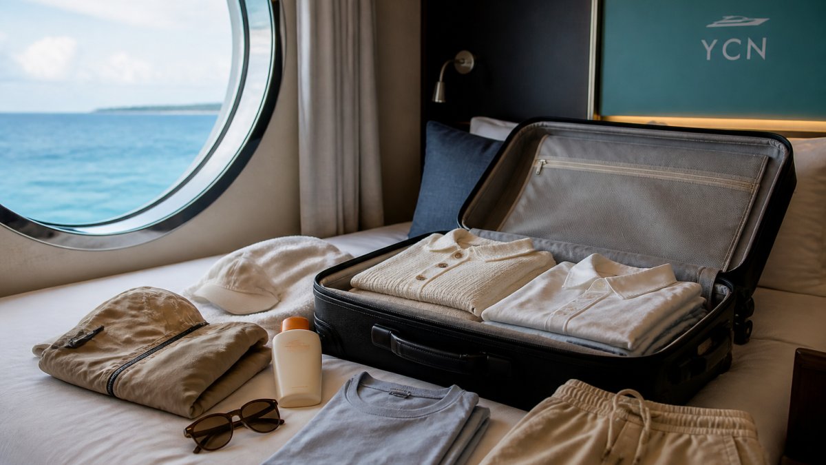 Organized yacht essentials including sunscreen, light clothing, and sunglasses laid out on a cabin bed with an ocean view.