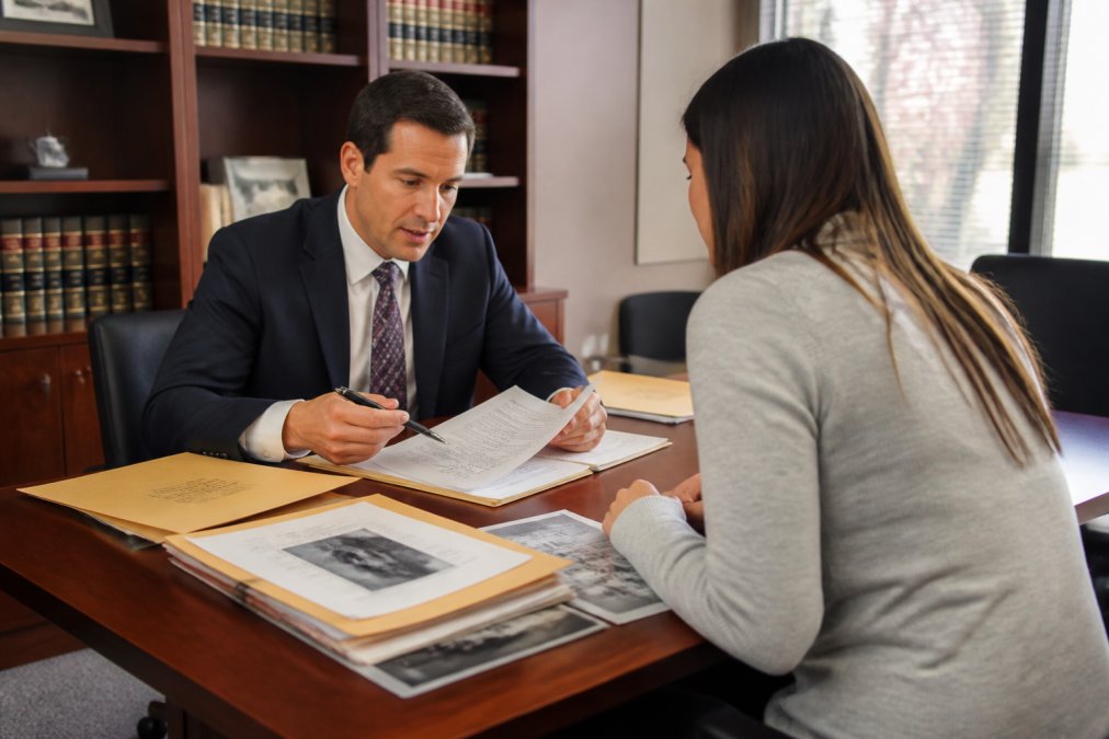 Criminal defense attorney reviewing detailed case documents and evidence files with a client at a professional desk, showing organized folders, legal papers, and case materials with natural office lighting