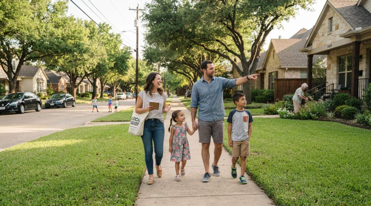 Family walking through a tree-lined residential neighborhood with modern homes, manicured green lawns, sidewalks, and welcoming community atmosphere on a sunny afternoon