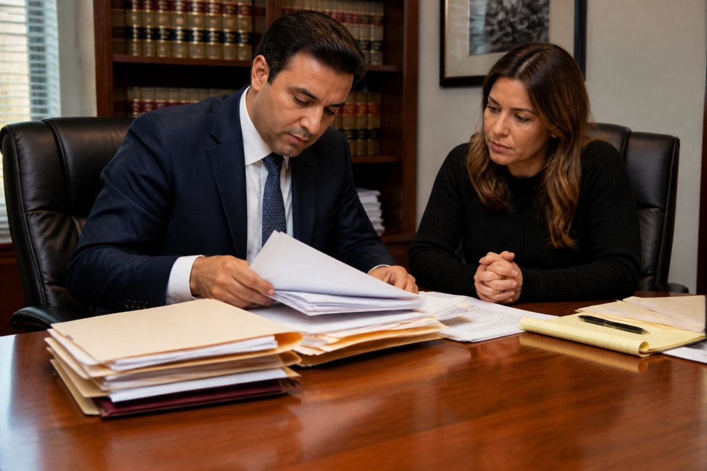Defense attorney and client reviewing organized case files and discovery materials at a conference table with folders, documents, and case notes in professional office lighting