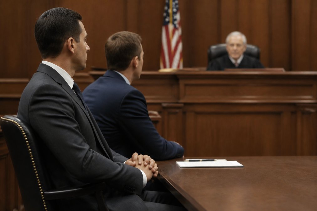 Professional defendant in business attire sitting confidently in courtroom beside attorney, demonstrating proper posture and courtroom decorum with judge's bench in background