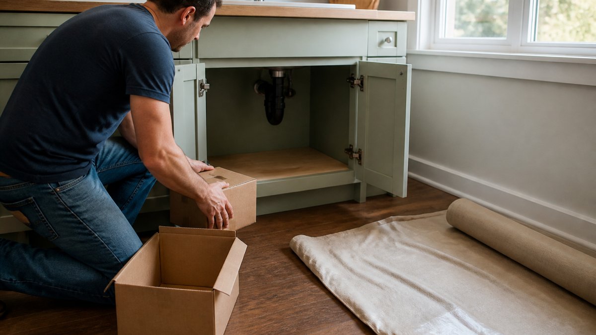 A homeowner moving boxes and small furniture away from under a kitchen sink cabinet, with a drop cloth partially unrolled on the floor nearby, bright natural light from a window