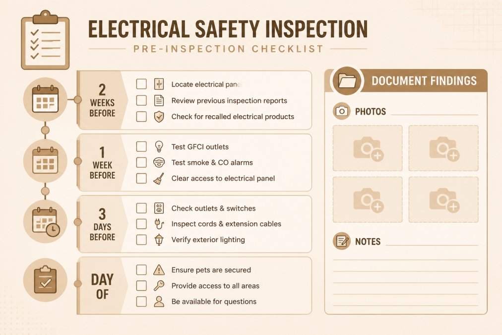 Infographic checklist for an electrical safety inspection with a task timeline and photo documentation area
