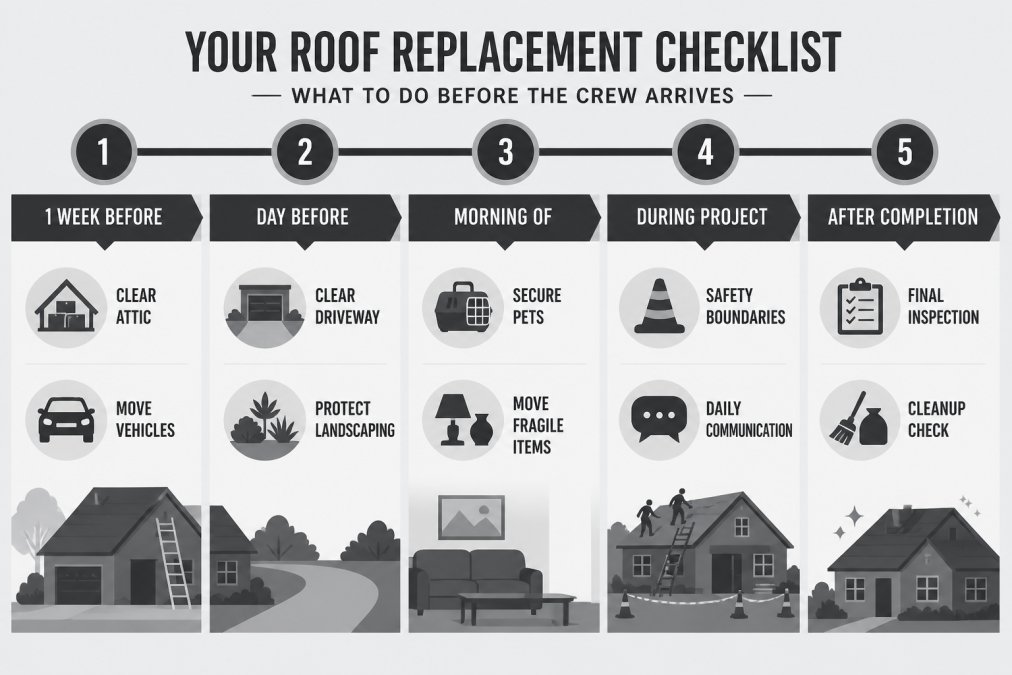 Five-phase timeline infographic detailing essential prep steps for a successful roof replacement project.