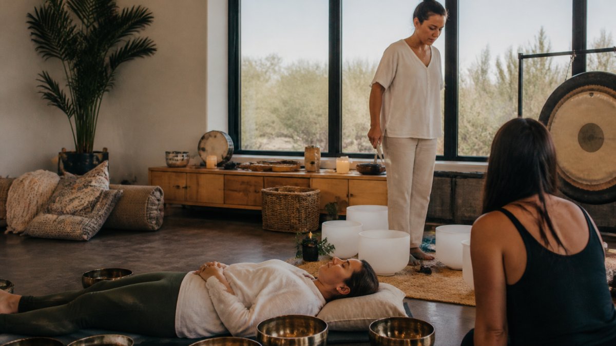 Person lying comfortably on a yoga mat in a dim, peaceful room surrounded by singing bowls and soft lighting, with a facilitator in the background