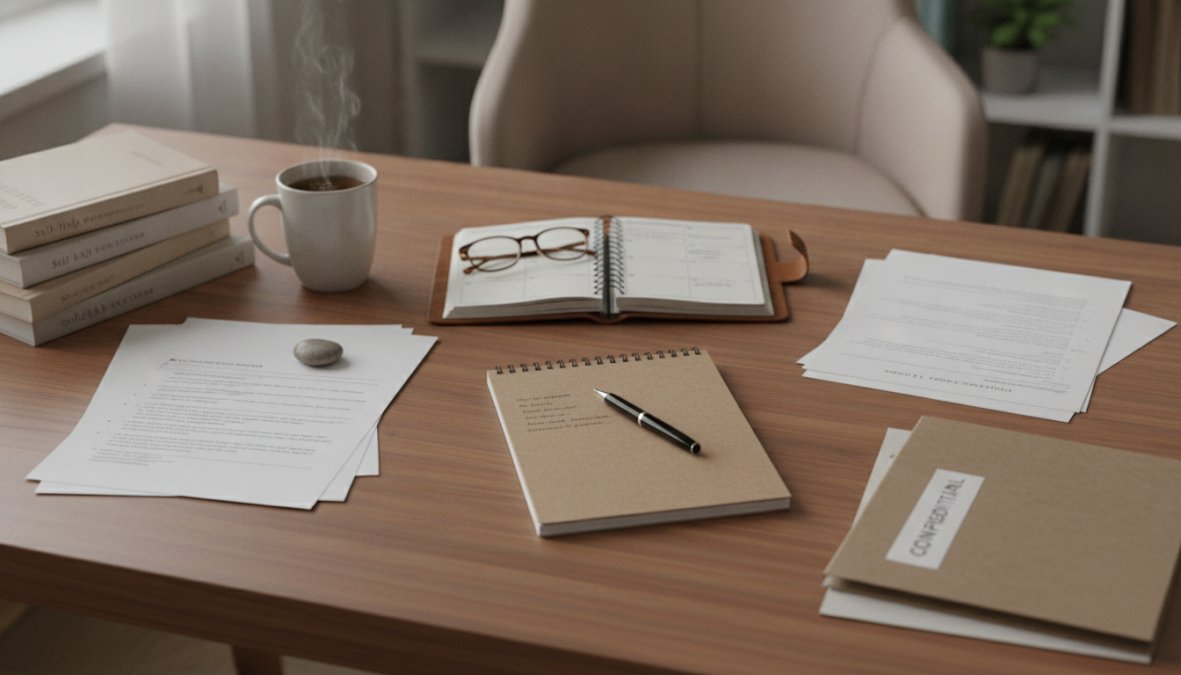 Person sitting at a clean wooden desk organizing manila folders, medical records, and legal documents under warm lamp light, preparing for an upcoming appointment