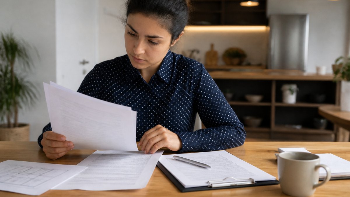 First-time homebuyer holding property documents and auction checklist, reviewing papers at a desk with laptop and coffee nearby, looking focused and organised