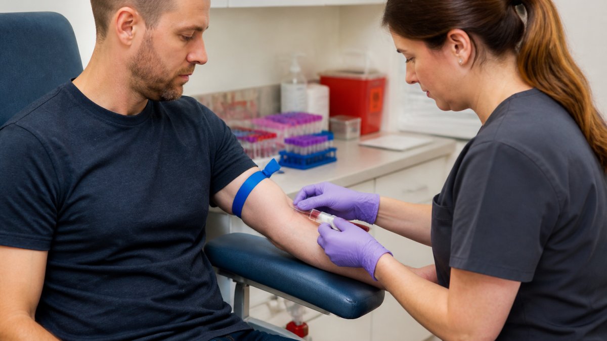 Healthcare professional performing a blood draw to prepare for a testosterone blood test in a clinical lab.