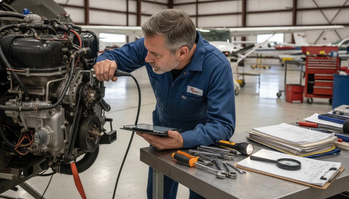 Certified A&P mechanic in work uniform conducting detailed inspection of aircraft engine compartment with inspection tools and maintenance logbook, natural hangar lighting