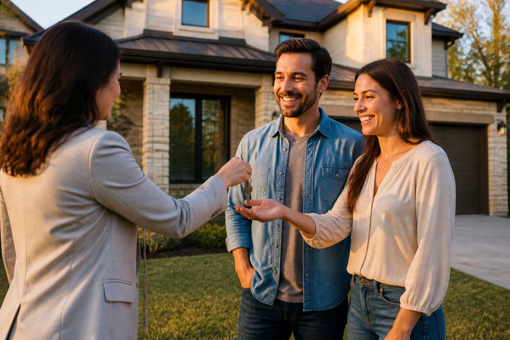 A real estate agent handing keys to a smiling couple in front of a modern suburban house with a 'Sold' sign in the yard, warm late-afternoon lighting