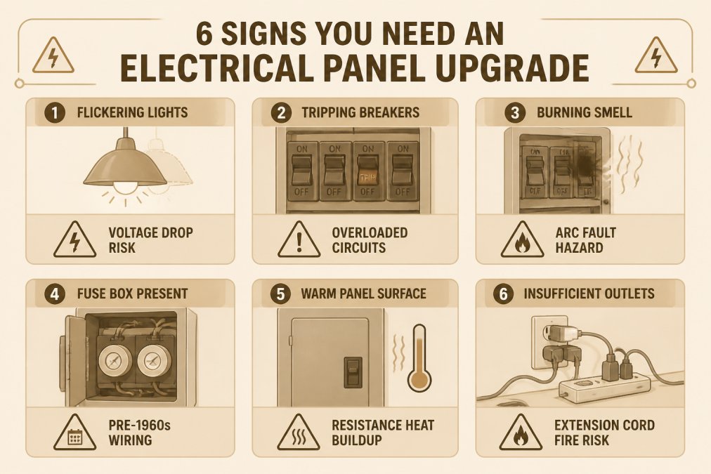 Diagram showing 6 warning signs requiring panel upgrade: flickering lights (voltage drop risk), tripping breakers (overloaded circuits), burning smell (arc fault hazard), fuse box present (pre-1960s wiring), warm panel surface (resistance heat buildup), insufficient outlets (extension cord fire risk), each labeled with consequence