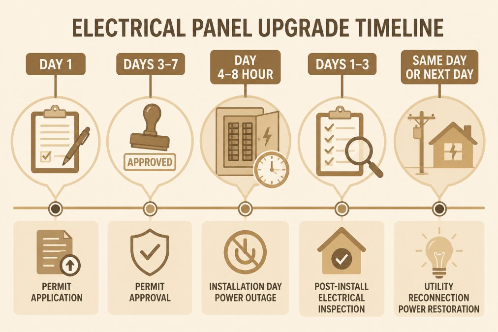 Timeline diagram of a full panel upgrade project: Day 1 permit application submitted, Days 3-7 permit approval received, Installation day 4-8 hour power outage window, Days 1-3 post-install electrical inspection, Same day or next day utility reconnection and power restoration
