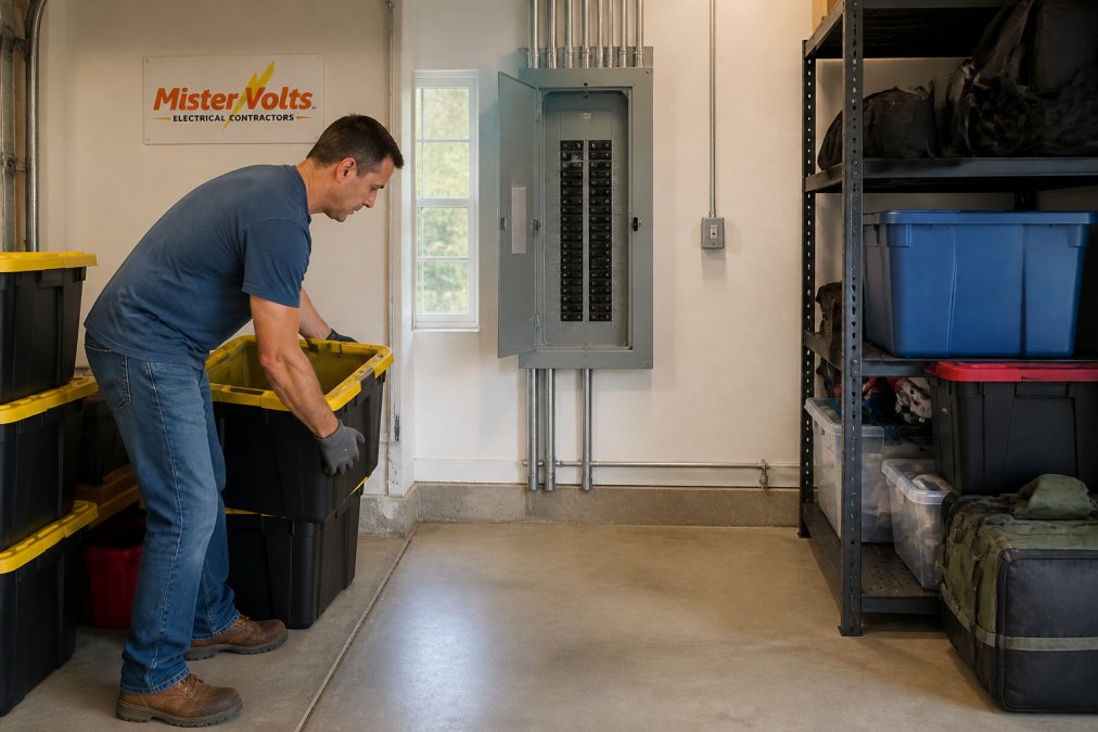 Homeowner clearing boxes from an electrical panel to prepare for an electrical safety inspection in a garage.